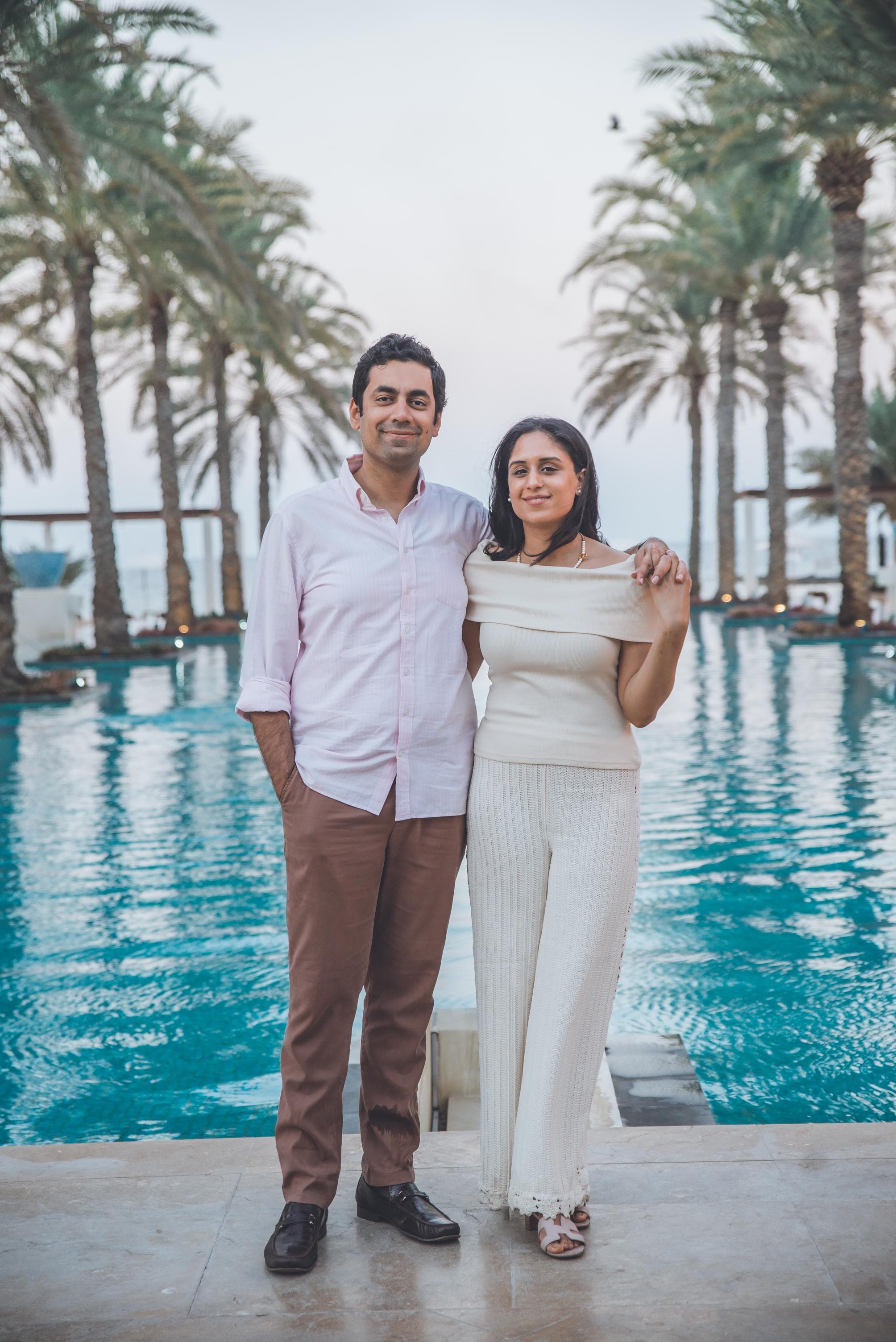 Couple portrait session at a Bar Al Jissah resort at golden hour